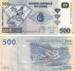 Demokratik Kongo Cumhuriyeti, 500 Frank (2013) P#96d ÇİL Eski Yabancı Kağıt Para