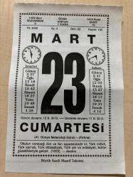 23 MART 2002 - TAKVİM YAPRAĞI - DOĞUM GÜNÜ HEDİYESİ - BÜYÜK SAATLİ MAARİF TAKVİMİ - ATATÜRK - THOMAS CARİYE - NAMIK KEMAL - SENECA - NACİ KASIM - METEOROLOJİ HAFTASI - URANÜS KEŞFİ - PARALILAR VE PARASIZLAR ADLI YAZI