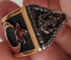 OSMANLI SON DÖNEMİ SARI AKSAMLAR ALTIN KAPLAMA MÜTHİŞ MOTİFLİ ORİJİNAL OSMANLI TUĞRALI AYYILDIZ FİGÜRLÜ MUHTEŞEM GÜMÜŞ YÜZÜK 2TT1Ü1R ÇOK NADİR