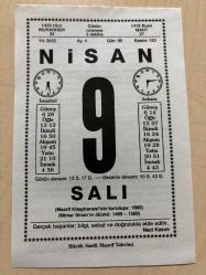 9 NİSAN 2002 - TAKVİM YAPRAĞI - DOĞUM GÜNÜ HEDİYESİ - BÜYÜK SAATLİ MAARİF TAKVİMİ - NACİ KASIM - ZİYA OSMAN SABA - YAZAR ŞEVKET RADO VEFAT ETTİ - KARİKATÜRİST CEMİL CEM VEFAT ETTİ - TÜRK MİMARI SİNAN VEFAT ETTİ - ELEŞTİRME ADLI YAZI