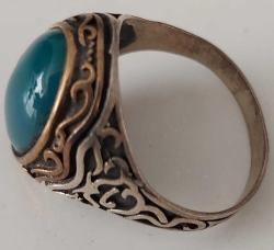 OSMANLI SON DÖNEMİ SARI AKSAMLAR ALTIN KAPLAMA MÜTHİŞ MOTİFLİ ORİJİNAL YEŞİL TURKUAZ TAŞLI SANATSAL MUHTEŞEM GÜMÜŞ YÜZÜK NNN1RR1 ÇOK NADİR