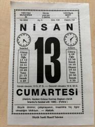 13 NİSAN 2002 - TAKVİM YAPRAĞI - DOĞUM GÜNÜ HEDİYESİ - BÜYÜK SAATLİ MAARİF TAKVİMİ - ATATÜRK - 31 MART VAKASI -  LA FONTAINE'İN VEFATI -  LA FONTAINE
