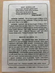 4 MAYIS 2002 - TAKVİM YAPRAĞI - DOĞUM GÜNÜ HEDİYESİ - BÜYÜK SAATLİ MAARİF TAKVİMİ - ATATÜRK - AHMET NECDET - PADİŞAH MEHMET ÇELEBİ ÖLDÜ - MAYIS AYINDA ; ÇİÇEKLER - BAHÇIVANLIK