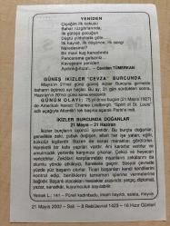 21 MAYIS 2002 - TAKVİM YAPRAĞI - DOĞUM GÜNÜ HEDİYESİ - BÜYÜK SAATLİ MAARİF TAKVİMİ - FONVİZİN - CAVİDAN TÜMERKAM - GÜNEŞ İKİZLER ''CEVZA'' BURCUNDA - AMERİKALI HAVACI CHARLES LİNGBERG ATLANTİK'İ TEK BAŞINA AŞARAK PARİSE İNDİ - İKİZLER BURCUNDA DOĞANLAR