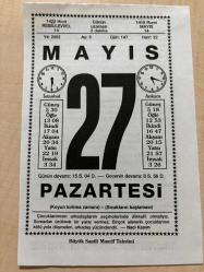 27 MAYIS 2002 - TAKVİM YAPRAĞI - DOĞUM GÜNÜ HEDİYESİ - BÜYÜK SAATLİ MAARİF TAKVİMİ - NACİ KASIM - HARPUT'TAN MANİLER - 1960 DARBESİ - DR.KOCH ÖLDÜ - POLİTİKACI ADLI YAZI