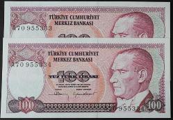 Türkiye Cumhuriyeti 7. Emisyon 1. Tertip 100 Lira Seri Takipli A70 955333-34 ÇİL