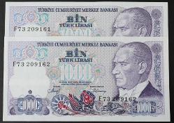 Türkiye Cumhuriyeti  7. Emisyon 2. Tertip 1000 Lira Seri Takipli F73209161-62 ÇİL