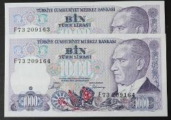 Türkiye Cumhuriyeti  7. Emisyon 2. Tertip 1000 Lira Seri Takipli F73209163-64 ÇİL