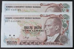 Türkiye Cumhuriyeti 7. Emisyon 4. Tertip 5000 Lira Seri Takipli H37 649590-91 ÇİL