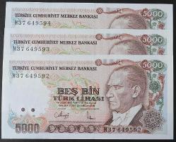 Türkiye Cumhuriyeti 7. Emisyon 4. Tertip 5000 Lira Seri Takipli H37 649592-93-94 ÇİL