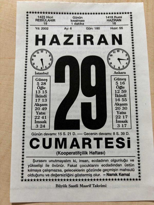 29 HAZİRAN 2002 - TAKVİM YAPRAĞI - DOĞUM GÜNÜ HEDİYESİ - BÜYÜK