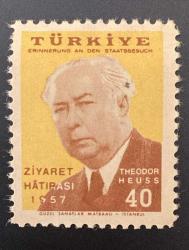 Türk Pulu - Turkish Stamp -  Postadan Geçmiş Pul Filateli -  THEODOR HEUSS ZİYARET HATIRASI 1957 TEMALI PUL, 40 KURUŞ - Türkiye Cumhuriyeti - NOSTALJİK DOĞUM GÜNÜ HEDİYESİ