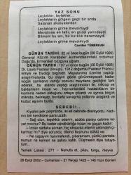 28 EYLÜL 2002 - TAKVİM YAPRAĞI - DOĞUM GÜNÜ HEDİYESİ - BÜYÜK SAATLİ MAARİF TAKVİMİ - HZ.MUHAMMED - CAVİDAN TÜMERKAN - GENERAL KAZIM KARABEKİR DOĞU'DA ERMENİLERİ BOZGUNA UĞRATTI - DR.LOUİS PASTEUR ÖLDÜ - SEBEBİ ADLI YAZI