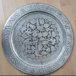 İRAN İŞİ EL OYMASI KUŞLU GÜMÜŞ BAKIR ALAŞIMLI SİNİ 40 CM