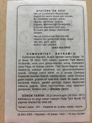 28 EKİM 2002 - TAKVİM YAPRAĞI - DOĞUM GÜNÜ HEDİYESİ - BÜYÜK SAATLİ MAARİF TAKVİMİ - MUSTAFA KEMAL ATATÜRK - ŞÜKRÜ ENİS ERGÜ - CUMHURİYET BAYRAMI ÖĞLEDEN SONRA BAŞLAR - ÇİZGİ ROMAN RESSAMI RATİP TAHİR BURAK VEFAT ETTİ