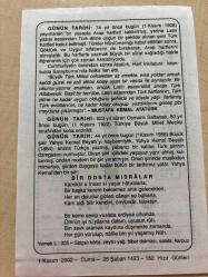 1 KASIM 2002 - TAKVİM YAPRAĞI - DOĞUM GÜNÜ HEDİYESİ - BÜYÜK SAATLİ MAARİF TAKVİMİ - MUSTAFA KEMAL ATATÜRK - OSMANLI SALTANATI TBMM'DE KALDIRILDI - ŞAİR YAHYA KEMAL BEYATLI VEFAT ETTİ - BİR DOSTA MISRALAR