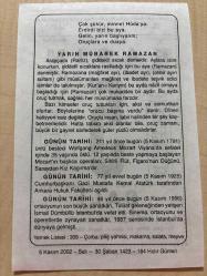 5 KASIM 2002 - TAKVİM YAPRAĞI - DOĞUM GÜNÜ HEDİYESİ - BÜYÜK SAATLİ MAARİF TAKVİMİ - ATATÜRK - YARIN MUBAREK RAMAZAN - ÜNLÜ BESTECİ WOLFGANG AMADEUS MOZART VİYANA'DA ÖLDÜ - ANKARA HUKUK FAKÜLTESİ AÇILDI - TULUATÇI İSMAİL DÜMBÜLLÜ VEFAT ETTİ