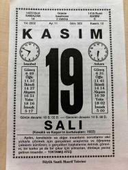 19 KASIM 2002 - TAKVİM YAPRAĞI - DOĞUM GÜNÜ HEDİYESİ - BÜYÜK SAATLİ MAARİF TAKVİMİ - TOKTAMIŞ ATEŞ - HZ.MUHAMMED - ÇEKEMEMEZLİK -  YALNIZ KALMAMAK İÇİN İHTİYARLAR NE YAPMALI NE YAPMAMALI