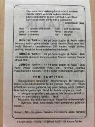 6 ARALIK 2002 - TAKVİM YAPRAĞI - DOĞUM GÜNÜ HEDİYESİ - BÜYÜK SAATLİ MAARİF TAKVİMİ -  KAŞGARLI MAHMUT - LEYLA HANIM - KADIN ŞAİRLERİMİZDEN LEYLA HANIM VEFAT ETTİ - FRANSIZ RESSAM CLAUDE MONET ÖLDÜ - FATİN HOCA(GÖKMEN) VEFAT ETTİ - YENİ ŞAMPİYON ADLI YAZI