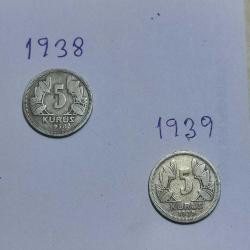 13139-KOLEKSİYONLUK T.C 5 KURUŞ **1938 YILI--1939 YILI