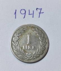 14500-KOLEKSİYONLUK T.C  1 LİRA **GÜMÜŞ **1947 YILI **