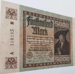 1922 ALMANYA 5000 MARK (BEŞ BİN) REICHS BANKNOTE ORİJİNAL KAĞIT PARASI ÇİLALTI A310185M NADİRDİR