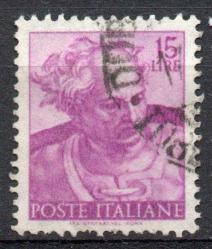 İTALYA   6. Mart.1961 Michelangelo'nun Sistine Şapeli'nden Tasarımları talya'da basılan bu pul, Michelangelo serisinde Peygamber Joel'in başını gösteriyor 15L	 mor