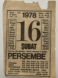 Efemera - 16 Şubat 1978 Takvim Yaprağı - kitantik - kitaLog