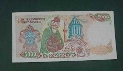 7 Emisyon B 05 Seri 5000 Lira Çil Büyük Mevlana