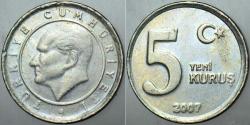 TÜRKİYE CUMHURİYETİ 5 YENİ KURUŞ 2007.