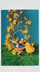 HEDİYE KARTPOSTALI - 15 x 10 cm EBADINDA - ARKASI YAZILI- SARI ÇİÇEKLERLE SÜSLÜ,RENKLİ PASKALYA YUMURTALARININ OLDUĞU SARI SEPET VE OYUNCAK CİVCİV