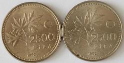 Türkiye Cumhuriyeti 1992 Yılı 2500 Lira Ters Düz Takım 8601