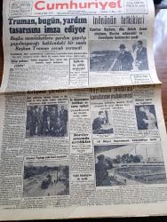Cumhuriyet Gazetesi - 17 Mayıs 1947 - Sulhun Gecikmesi Yüzünden Köşe Yazısı - Truman Bugün Yardım Tasarısını İmza Ediyor - Cumhurbaşkanı İsmet İnönü Dün Erkek Sanat Okulunu Kızılay Aşamasını Ve Cerrahpaşa Hastanesini Gezdi Fotoğraf - Hayrabolu Jandarma Komutanı Yüzbaşı Ali Ertan'ın Muhakemesi - Kırkpınar Güreşlerine Katılacak Pehlivanlar Fotoğraf - Aksaray Topkapı Yolu Nasıl Yapılıyor - Dün İnönü Stadında Yapılan 19 Mayıs Provaları - Ölümünün 67. Yıldönümünü Vesilesiyle Şair Ziya Paşa Yazan Taha Toros - Sosyalist İngiltere'nin 1947 Senesi Bütçesi - Markopaşa Gazetesi Kapatıldı - Türkçe Sözlü Şark Dramı Naime Şark Sinemasında - Bolşevikler Açık Ve Dürüst Konuşabilir Mi - Adak Yazan Kemal Ragıp Yazı Dizisi - Şaşılacak Hünerler Yazan Burhan Felek Köşe Yazısı - Galatasaray Vefa Karşılaşıyor - Doktor Hermann İstanbul'da Konserler Verecek - Eski Tekel Ve Gümrük Bakanı Suad Hayri Ürgüplü Hakkımdaki Soruşturmalar Açıldı - Bugünkü Radyo Programı - Bulmaca - Seiberling Lastikleri - Zehra Bilir