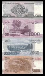 KUZEY KORE 500-1.000-2.000-5.000 WON 2008-2013 ÇİL-Hatıra; Specimen set & 4 Adet Banknot