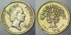 BİRLEŞİK KRALLIK 1 POUND 1992 SİRKÜLASYON HATIRA - MEŞE AĞACI VE TAÇ TEMALI. ESKİ KALIN TİP.  KRALİÇE II. ELİZABETH - İNGİLTERE.