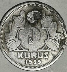 TÜRKİYE 1939  5 KURUŞ  HALİYLE