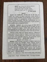 2 MART 2003 - TAKVİM YAPRAĞI - DOĞUM GÜNÜ HEDİYESİ - BÜYÜK SAATLİ MAARİF TAKVİMİ - SELİM SIRRI TARCAN - DR. RIZA TEVFİK - MART AYI SAĞLIĞI - TÜRK EĞİTİMCİ SELİM SIRRI TARCAN VEFAT ETTİ - MART AYINDA; BALIKLAR - ÇİÇEK