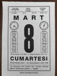 8 MART 2003 - TAKVİM YAPRAĞI - DOĞUM GÜNÜ HEDİYESİ - BÜYÜK SAATLİ MAARİF TAKVİMİ - ATATÜRK - 8 MART DÜNYA KADINLAR GÜNÜ - ROMANCI HÜSEYİN RAHMİ GÜRPINAR VEFAT ETTİ - ORD. PROF. DR. HULUSİ BEHÇET VEFAT ETTİ