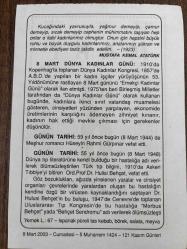 8 MART 2003 - TAKVİM YAPRAĞI - DOĞUM GÜNÜ HEDİYESİ - BÜYÜK SAATLİ MAARİF TAKVİMİ - ATATÜRK - 8 MART DÜNYA KADINLAR GÜNÜ - ROMANCI HÜSEYİN RAHMİ GÜRPINAR VEFAT ETTİ - ORD. PROF. DR. HULUSİ BEHÇET VEFAT ETTİ