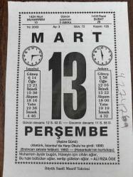 13 MART 2003 - TAKVİM YAPRAĞI - DOĞUM GÜNÜ HEDİYESİ - BÜYÜK SAATLİ MAARİF TAKVİMİ - ALİ RIZA ÖGE - MUSTAFA KEMAL ATATÜRK HARP OKULUNA KATILDI - GAZETECİ CEVAT FEHMİ BAŞKUT VEFAT ETTİ - ERZİNCAN DEPREMİ - AŞURE GÜNÜ