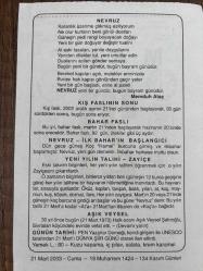 21 MART 2003 - TAKVİM YAPRAĞI - DOĞUM GÜNÜ HEDİYESİ - BÜYÜK SAATLİ MAARİF TAKVİMİ - CAHİT SITKI TARANCI - MEMDUH ATAÇ - KIŞ FASLININ SONU - BAHAR FASLI - NEVRUZ - YENİ YILIN TALİHİ - AŞIK VEYSEL - DÜNYA ŞİİR GÜNÜ