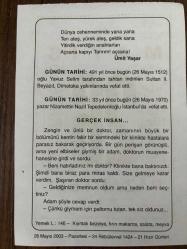 26 MAYIS 2003 - TAKVİM YAPRAĞI - DOĞUM GÜNÜ HEDİYESİ - BÜYÜK SAATLİ MAARİF TAKVİMİ - DOĞAN HASOL - ÜMİT YAŞAR - SULTAN II.BEYAZIT'IN VEFATI - YAZAR NİZAMETTİN NAZİF TEPEDELENLİOĞLU'NUN VEFATI - GERÇEK İNSAN