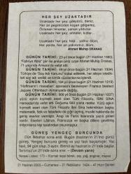 21 HAZİRAN 2003 - TAKVİM YAPRAĞI - DOĞUM GÜNÜ HEDİYESİ - BÜYÜK SAATLİ MAARİF TAKVİMİ - NİZAMİ - AHMET MUHİP DRANAS - SOYADI KANUNU KABUL EDİLDİ - ÜNLÜ OZAN AHMET MUHİP DRANAS'IN VEFATI - TÜRK FİLOZOF İBNİ SİNA'NIN VEFATI - FRANSIZ BESTECİ JAQUES OFFENBACH DOĞDU - GÜNEŞ YENGEÇ BURCUNDA