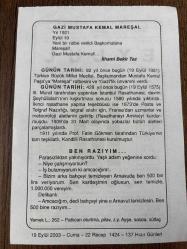 19 EYLÜL 2003 - TAKVİM YAPRAĞI - DOĞUM GÜNÜ HEDİYESİ - BÜYÜK SAATLİ MAARİF TAKVİMİ - ATATÜRK - İLHAMİ BEKİR TEZ- MUSTAFA KEMAL PAŞA'YA MAREŞALLIK RÜTBESİ VERİLDİ - İSTANBUL RASATHANESİ ŞEYHÜLİSLAM'IN KIŞKIRTMASIYLA 1580 DE YIKTIRILDI - BEN RAZIYIM