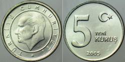 TÜRKİYE CUMHURİYETİ 5 YENİ KURUŞ 2005. ÇİL KONDİSYON.