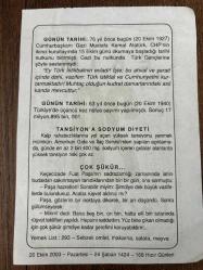20 EKİM 2003 - TAKVİM YAPRAĞI - DOĞUM GÜNÜ HEDİYESİ - BÜYÜK SAATLİ MAARİF TAKVİMİ - CERVANTES - NUTUK OKUNDU - TÜRKİYE'DE 3.KEZ NÜFUS SAYIMI YAPILDI - TANSİYONA SODYUM DİYETİ - ÇOK ŞÜKÜR
