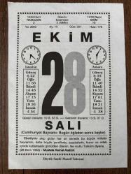 28 EKİM 2003 - TAKVİM YAPRAĞI - DOĞUM GÜNÜ HEDİYESİ - BÜYÜK SAATLİ MAARİF TAKVİMİ - MUSTAFA KEMAL ATATÜRK - NAZAN TALUY - CUMHURİYET BAYRAMI - ÇİZGİ ROMAN RESSAMI RATİP TAHİR BURAK VEFAT ETTİ