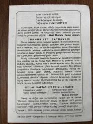 29 EKİM 2003 - TAKVİM YAPRAĞI - DOĞUM GÜNÜ HEDİYESİ - BÜYÜK SAATLİ MAARİF TAKVİMİ - ATATÜRK - CUMHURİYET BAYRAMI - KIZILAY HAFTASI - MUHSİN DURUCAN