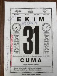 31 EKİM 2003 - TAKVİM YAPRAĞI - DOĞUM GÜNÜ HEDİYESİ - BÜYÜK SAATLİ MAARİF TAKVİMİ - BAKARA SURESİ - KÖPRÜLÜ MEHMET PAŞA ÖLDÜ - YÖNETİCİLERE ÖĞÜTLER