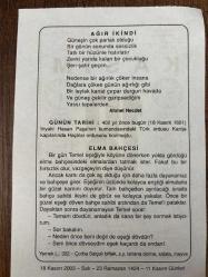 18 KASIM 2003 - TAKVİM YAPRAĞI - DOĞUM GÜNÜ HEDİYESİ - BÜYÜK SAATLİ MAARİF TAKVİMİ - HZ.MUHAMMED - AHMET NECDET - HASAN PAŞA'NIN KUMANDASINDAKİ TÜRK ORDUSU KANİJE KAPILARINDA HAÇLI ORDUSUNU BOZMUŞTU - ELMA BAHÇESİ